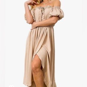 Peasant style cream off shoulder split thigh dress, size small